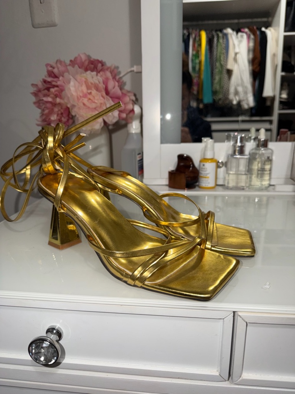 SHEIN Gold Metallic Strappy Block Heel Sandals